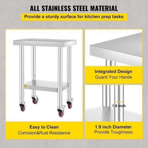  Mophorn 24x18x34 Inch Stainless Steel Work Table 3-Stage Adjustable Shelf with 4 Wheels Heavy Duty Commercial Food Prep Worktable with Brake for Kitchen Prep Work