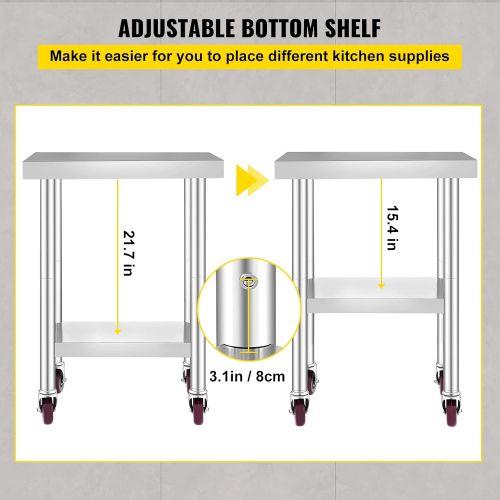  Mophorn 24x18x34 Inch Stainless Steel Work Table 3-Stage Adjustable Shelf with 4 Wheels Heavy Duty Commercial Food Prep Worktable with Brake for Kitchen Prep Work