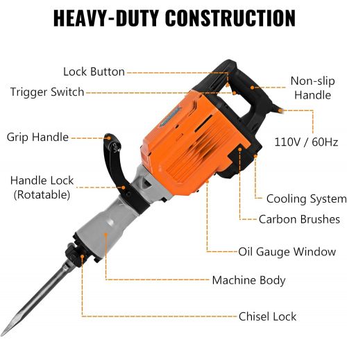  Mophorn 3600W Electric Demolition Hammer Heavy Duty Concrete Breaker 1800 BPM Jack Hammer Demolition Drills with Flat Chisel Bull Point Chisel (3600 W)