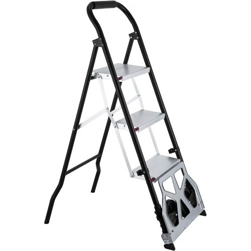  Mophorn Step Ladder 2-in-1 Convertible Aluminum Folding Step Ladder 175LBS Hand Truck Cart Dolly with Two Wheels (3-Steps)