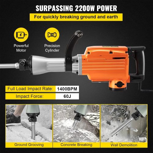  [아마존베스트]Mophorn 2200W Electric Demolition Hammer Heavy Duty Concrete Breaker 1400 BPM Jack Hammer Demolition Drills with Flat Chisel Bull Point Chisel (2200 W)