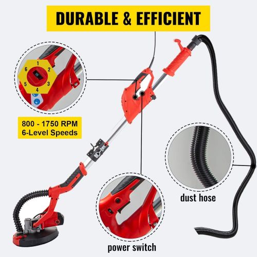  Mophorn Drywall Sander 850W, Variable Speed Wall Sander 800-1750RPM with 12 Sand Pads, Electric Drywall Sander Foldable Sheetrock Sander with Extendable Handle, 2M Dust Hose and Wo