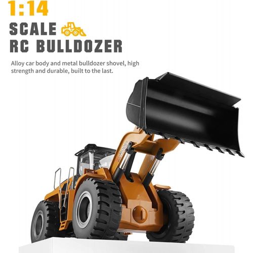  Mopoq 1/14 RC Bulldozer Electric Remote Control Bulldozer RC Construction Vehicles Toy Metal Shovel Loader Tractor 2.4Ghz LED Lights Sound RC Car for Boys Girls Adult