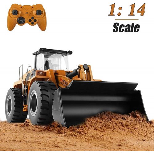  Mopoq 1/14 RC Bulldozer Electric Remote Control Bulldozer RC Construction Vehicles Toy Metal Shovel Loader Tractor 2.4Ghz LED Lights Sound RC Car for Boys Girls Adult