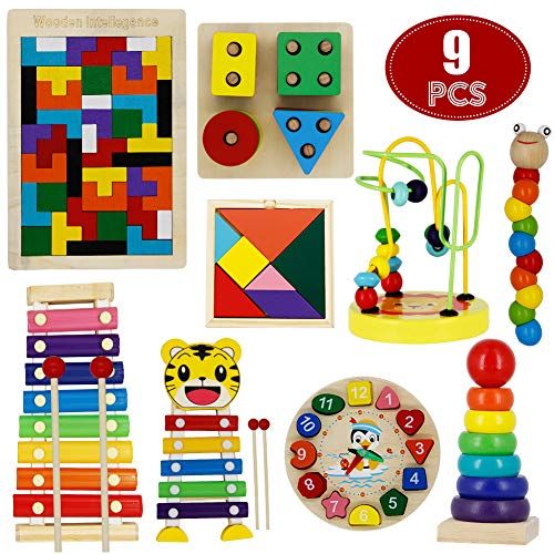  MorTime 9PCS Preschool Education Toys Set, Wooden Stacking Sorting Puzzles Rainbow Stacker Musical Instruments, Learning Color Shape Number Early Intelligence Development Toys for