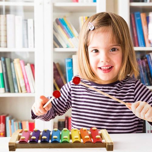  MorTime 9PCS Preschool Education Toys Set, Wooden Stacking Sorting Puzzles Rainbow Stacker Musical Instruments, Learning Color Shape Number Early Intelligence Development Toys for