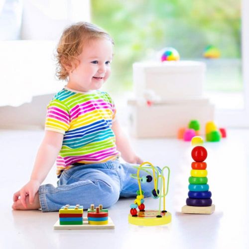  MorTime 9PCS Preschool Education Toys Set, Wooden Stacking Sorting Puzzles Rainbow Stacker Musical Instruments, Learning Color Shape Number Early Intelligence Development Toys for