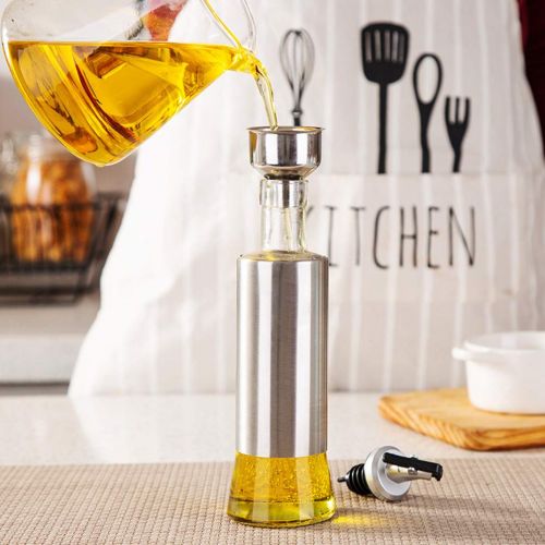  Moraphee 300ml/10FL OZ Kitchen Oil Bottle Cooking Wine Dispenser Sauce Container vinegar Cruet Controllable Caster Leak-proof and Dust-proof Stainless Steel (Pack of 3 with free Funnel)