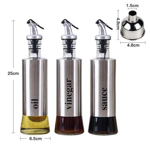  Moraphee 300ml/10FL OZ Kitchen Oil Bottle Cooking Wine Dispenser Sauce Container vinegar Cruet Controllable Caster Leak-proof and Dust-proof Stainless Steel (Pack of 3 with free Funnel)