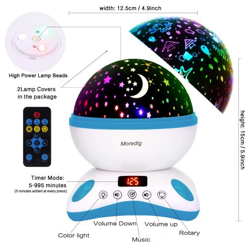  Moredig Night Light Projector Remote Control and Timer Design Projection lamp, Built-in 12 Light Songs 360 Degree Rotating 8 Colorful Lights for Children Kids Birthday, Parties - B