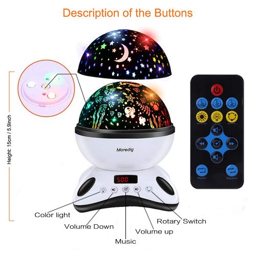  Moredig Night Light Projector Remote Control and Timer Design Projection lamp, Built-in 12 Light Songs 360 Degree Rotating 8 Colorful Lights for Children Kids Birthday, Parties - B