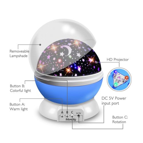  [아마존 핫딜]  [아마존핫딜]Moredig Nachtlicht Sternenhimmel Projektor Lampe, Baby Schlummerleucht 360° Rotation LED Nachtlampe mit 8 Farbige Lichter Sterneprojektion, Perfekte Night Light fuer Kinderzimmer Sc