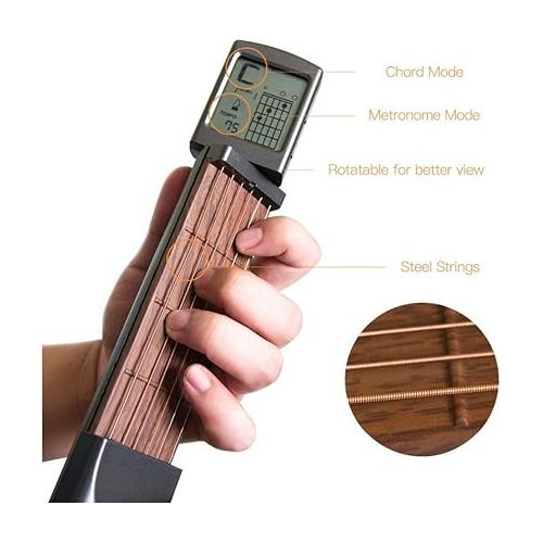  Pocket Guitar Chord Practice Tool, Portable Guitar Neck for Trainer Beginner w/a Rotatable Chords Chart Screen (Battery Included)