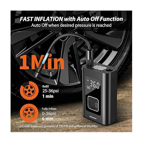  Tire Inflator Portable Air Compressor, Morpilot Electric Air Pump for Car with 6000mAh Battery, Cordless Bike Pump, Tire Pump with Pressure Gauge 150PSI LED Light for Car Motor bicycle Ball