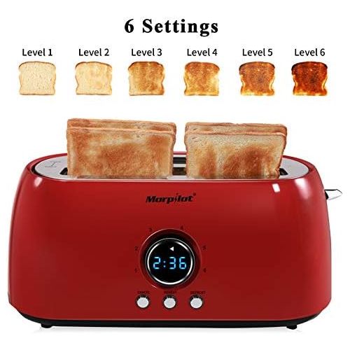  [아마존베스트]Morpilot Toaster 4 Slices Long Slot Toaster Stainless Steel Long Slot Toaster with Crumb Drawer, 6 Levels, LED Display for Large Toast Slices Bread Buns Baguette, Vintage Retro Red