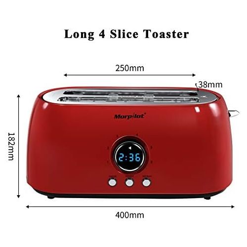  [아마존베스트]Morpilot Toaster 4 Slices Long Slot Toaster Stainless Steel Long Slot Toaster with Crumb Drawer, 6 Levels, LED Display for Large Toast Slices Bread Buns Baguette, Vintage Retro Red