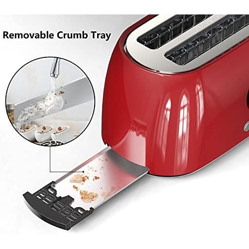 [아마존베스트]Morpilot Toaster 4 Slices Long Slot Toaster Stainless Steel Long Slot Toaster with Crumb Drawer, 6 Levels, LED Display for Large Toast Slices Bread Buns Baguette, Vintage Retro Red