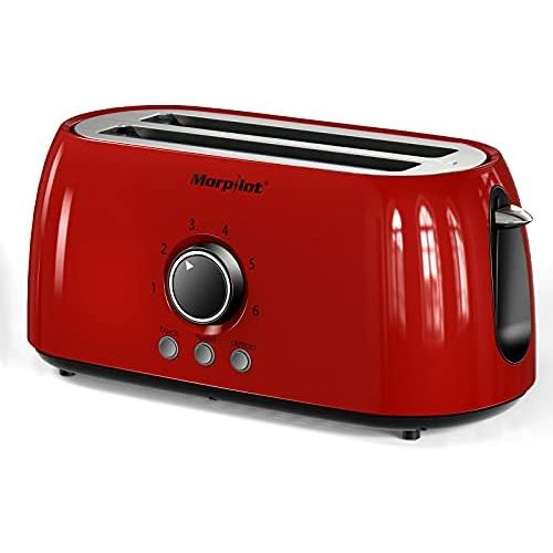  [아마존베스트]Morpilot Toaster 4 Slices Long Slot Toaster Stainless Steel Long Slot Toaster with Crumb Drawer, 6 Levels, LED Display for Large Toast Slices Bread Buns Baguette, Vintage Retro Red