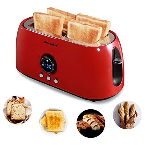  [아마존베스트]Morpilot Toaster 4 Slices Long Slot Toaster Stainless Steel Long Slot Toaster with Crumb Drawer, 6 Levels, LED Display for Large Toast Slices Bread Buns Baguette, Vintage Retro Red