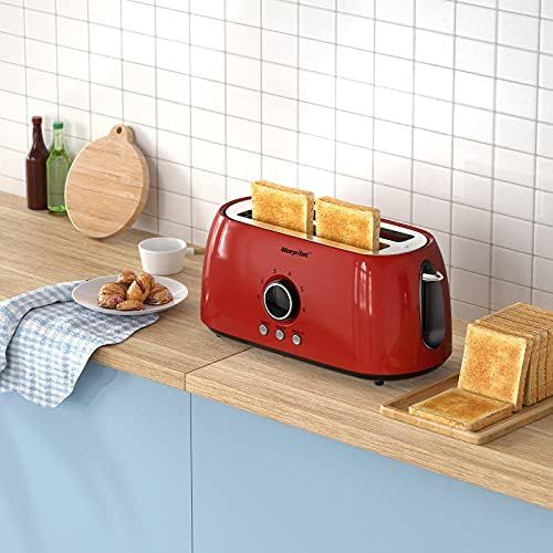  [아마존베스트]Morpilot Toaster 4 Slices Long Slot Toaster Stainless Steel Long Slot Toaster with Crumb Drawer, 6 Levels, LED Display for Large Toast Slices Bread Buns Baguette, Vintage Retro Red