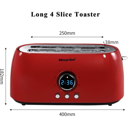  [아마존베스트]Morpilot Toaster 4 Slices Long Slot Toaster Stainless Steel Long Slot Toaster with Crumb Drawer, 6 Levels, LED Display for Large Toast Slices Bread Buns Baguette, Vintage Retro Red