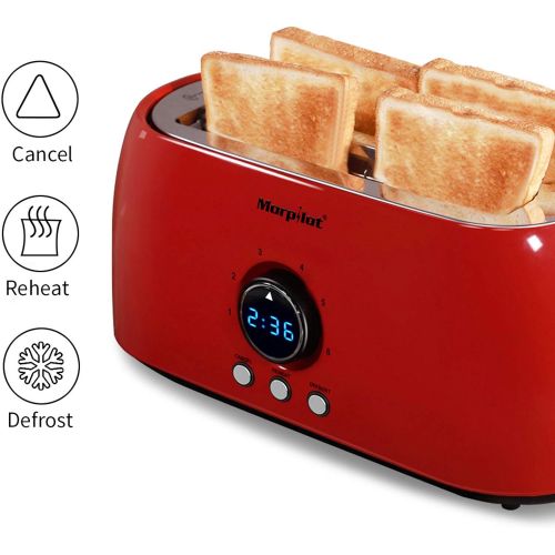  [아마존베스트]Morpilot Toaster 4 Slices Long Slot Toaster Stainless Steel Long Slot Toaster with Crumb Drawer, 6 Levels, LED Display for Large Toast Slices Bread Buns Baguette, Vintage Retro Red