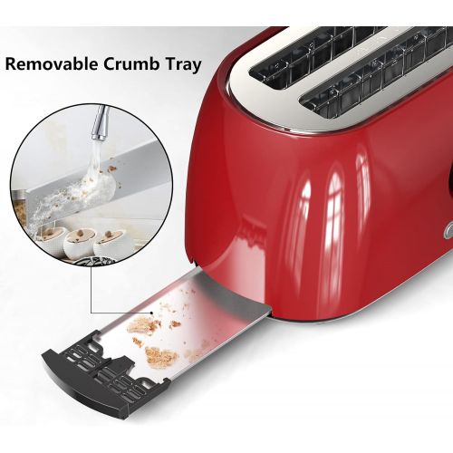  [아마존베스트]Morpilot Toaster 4 Slices Long Slot Toaster Stainless Steel Long Slot Toaster with Crumb Drawer, 6 Levels, LED Display for Large Toast Slices Bread Buns Baguette, Vintage Retro Red