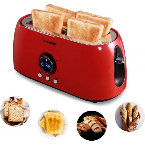  [아마존베스트]Morpilot Toaster 4 Slices Long Slot Toaster Stainless Steel Long Slot Toaster with Crumb Drawer, 6 Levels, LED Display for Large Toast Slices Bread Buns Baguette, Vintage Retro Red