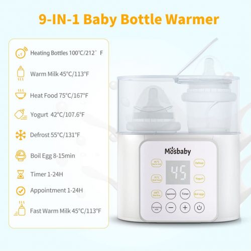  Baby Bottle Warmer, 9-in-1 Bottle Warmer for breastmilk & Baby Milk, Mosbaby Fast Baby Food Heater Defrost BPA-Free, Double Fast Warmer Bottle for Babies
