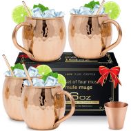 [아마존베스트]Moscow-Mix Moscow Mule Copper Mugs with 4 Straws and Shot Glass - Set of 4 HandCrafted Food Safe Pure Solid Copper Mugs - Bonus Highest Quality Copper Shot Glass and 4 Copper Straws - Attract