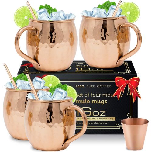  [아마존베스트]Moscow-Mix Moscow Mule Copper Mugs with 4 Straws and Shot Glass - Set of 4 HandCrafted Food Safe Pure Solid Copper Mugs - Bonus Highest Quality Copper Shot Glass and 4 Copper Straws - Attract