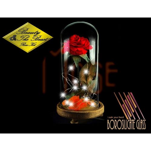  Mose Beauty and The Beast Rose kit Enchanted and Led Light with Fallen Petals in Glass Dome on Wooden Base Gift for Valentines Day Christmas Home Decor Party Wedding Anniversary