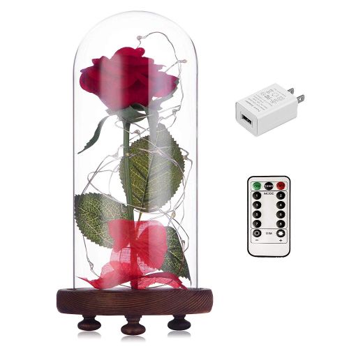  Mose Beauty and The Beast Rose kit Enchanted and Led Light with Fallen Petals in Glass Dome on Wooden Base Gift for Valentines Day Christmas Home Decor Party Wedding Anniversary