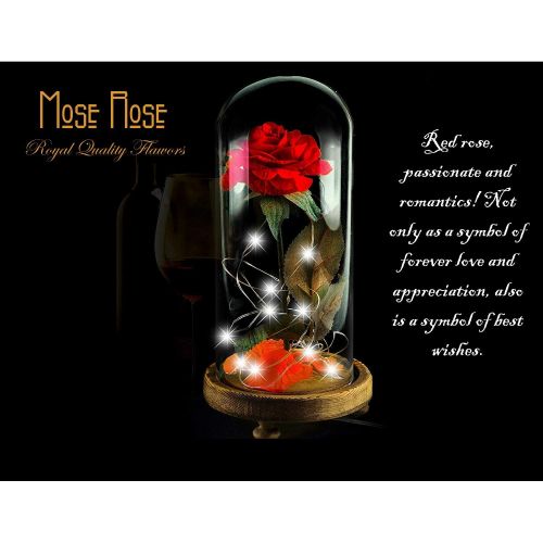  Mose Beauty and The Beast Rose kit Enchanted and Led Light with Fallen Petals in Glass Dome on Wooden Base Gift for Valentines Day Christmas Home Decor Party Wedding Anniversary