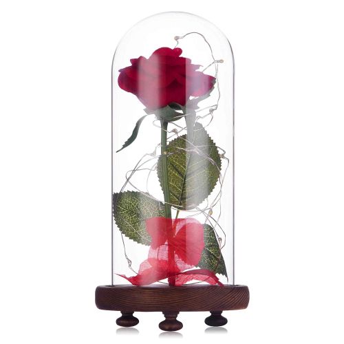  Mose Beauty and The Beast Rose kit Enchanted and Led Light with Fallen Petals in Glass Dome on Wooden Base Gift for Valentines Day Christmas Home Decor Party Wedding Anniversary