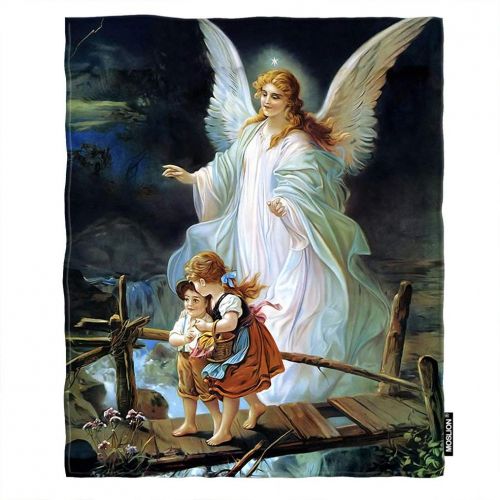  Moslion Soft Cozy Throw Blanket Guardian Angel and Children Crossing Bridge Fuzzy Warm Couch/Bed Blanket for Adult/Youth Polyester 60 X 80 Inches(Home/Travel/Camping Applicable)