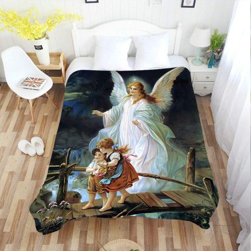  Moslion Soft Cozy Throw Blanket Guardian Angel and Children Crossing Bridge Fuzzy Warm Couch/Bed Blanket for Adult/Youth Polyester 60 X 80 Inches(Home/Travel/Camping Applicable)