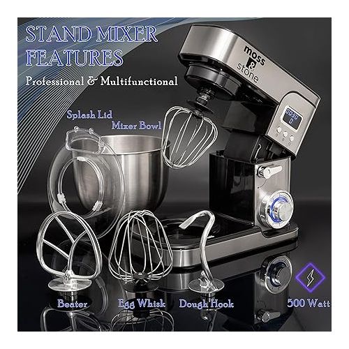  Moss & Stone Stand Mixer With Lcd Display, 6 Speed Electric Mixer With 5.5 Quart Stainless Steel Mixing Bowl, Kitchen Mixer With Dough Hook, Egg Whisk, Beater & Baking Spatula, Food Mixer With Timer