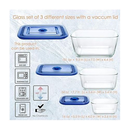  Moss & Stone Extra Large Glass Food Storage Containers Set of 3, 101 Oz/ 54 Oz/ 16 Oz Deep Rectangular Glass Food Container with Lid, Leak Proof, Microwave, Dishwasher & Oven Safe.