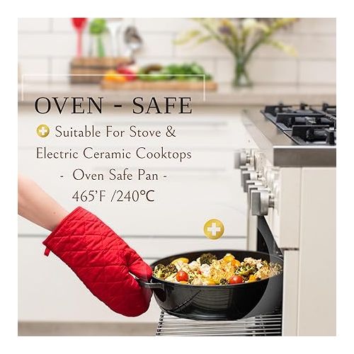  Moss & Stone 12 Inch Large Skillet With Lid, 5Qt Saute Pan With Lid, Dishwasher & Oven Safe Skillet, Double Handled Nonstick Deep Frying Pan With Non Toxic Stone Coating, PFOA Free Everyday Pan