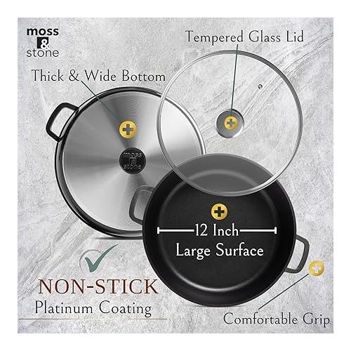  Moss & Stone 12 Inch Large Skillet With Lid, 5Qt Saute Pan With Lid, Dishwasher & Oven Safe Skillet, Double Handled Nonstick Deep Frying Pan With Non Toxic Stone Coating, PFOA Free Everyday Pan