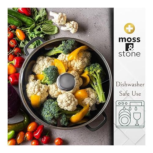  Moss & Stone 12 Inch Large Skillet With Lid, 5Qt Saute Pan With Lid, Dishwasher & Oven Safe Skillet, Double Handled Nonstick Deep Frying Pan With Non Toxic Stone Coating, PFOA Free Everyday Pan