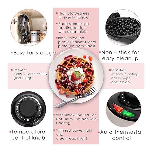  Moss & Stone Belgian Waffle Maker, Electric Waffle Machine, Flips & Non-Stick Grids,Temperature Control, Round Waffle (Black)