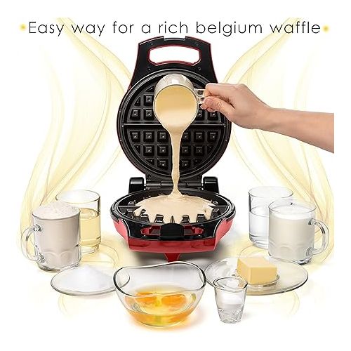  Moss & Stone Red Belgian Waffle Maker, Electric Waffle Machine, Flips & Non-Stick Grids, Temperature Control, Round Waffle