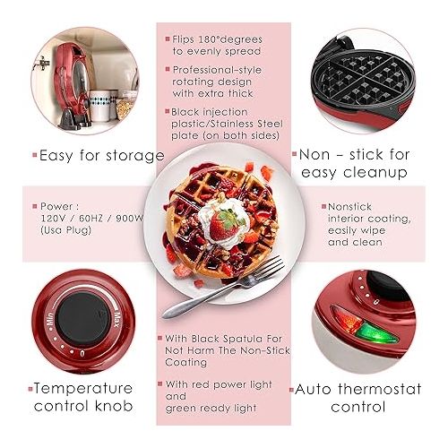  Moss & Stone Red Belgian Waffle Maker, Electric Waffle Machine, Flips & Non-Stick Grids, Temperature Control, Round Waffle