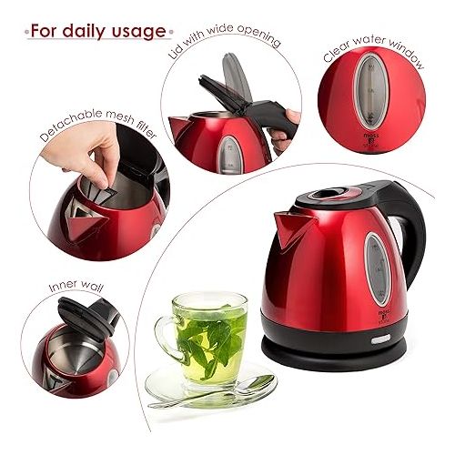  Moss & Stone Stainless Steel Small Electric Kettle Red Color, Cordless 1.2L Portable Hot Water Kettle Electric 1500w Strong Fast Boiling Pot, Electric Tea Kettle With Boil Dry Protection, Red Kettle