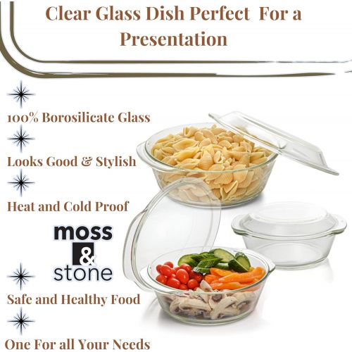  Moss & Stone 3 Glass Casserole Dish With Lid Made By Borosilicate Glass Material 4.5mm To 5mm Thick, Set Of 3 Deep Dish Heat/Cold Microwave Oven Freezer & Dishwasher Safe Reusable
