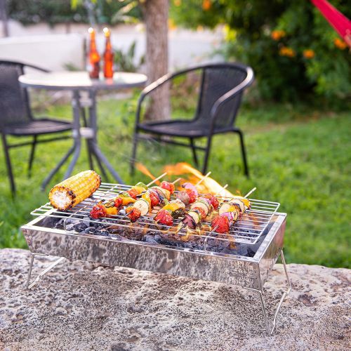  17 In Portable Tabletop Grill, Charcoal Barbecue Grill, Stainless Steel Portable Folding Tabletop Charcoal Grill For Shish Kabob Burgers & Meat Steak By Moss & Stone.