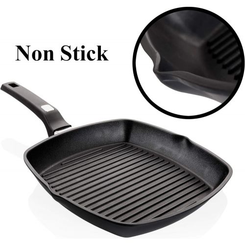  Griddle Aluminum Nonstick Stove Top Square Grill Pan,Chef Quality Perfect for Meats Steak Fish And Vegetables,Dishwasher Safe,11 inch, Black By Moss & Stone (Comes With a Special C