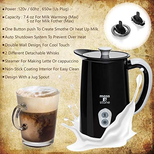  Moss & stone Electric Milk Frother & Steamer for Making Latte, Cappuccino, Hot Chocolate, Automatic Cold Hot Milk Frother & Warmer, Foam Maker, Auto Shut-Off, Detachable Base & Non